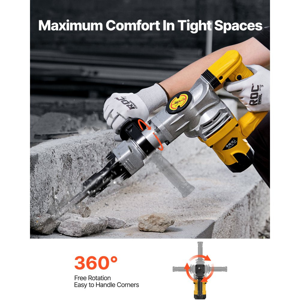 VEVOR Demolition Jack Hammer, 1400W Electric Jackhammer Heavy Duty, 2900 BPM Jack Hammer Concrete Breaker, with 1 Point Chisel, 1 Flat Chisel, Storage Case, Gloves and Goggles, for Demolition