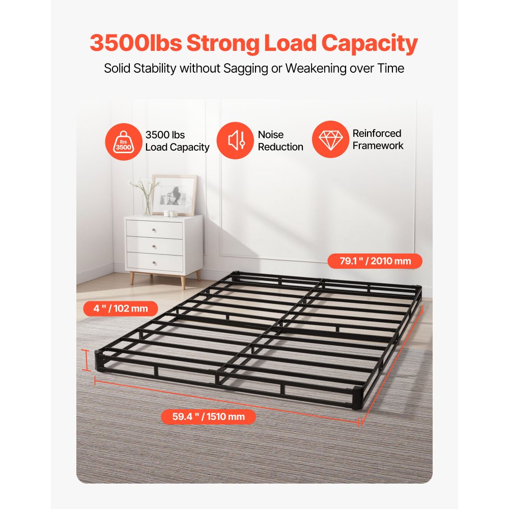 VEVOR Box Spring, Queen Size Bed Frame with Washable Fabric Cloth, Heavy Duty Metal Frame for Queen Bed, 4 in Mattress Foundation, 3500 lbs Max Weight Capacity, Easy Assembly, 79.1 L x 59.4 W x 4 H in