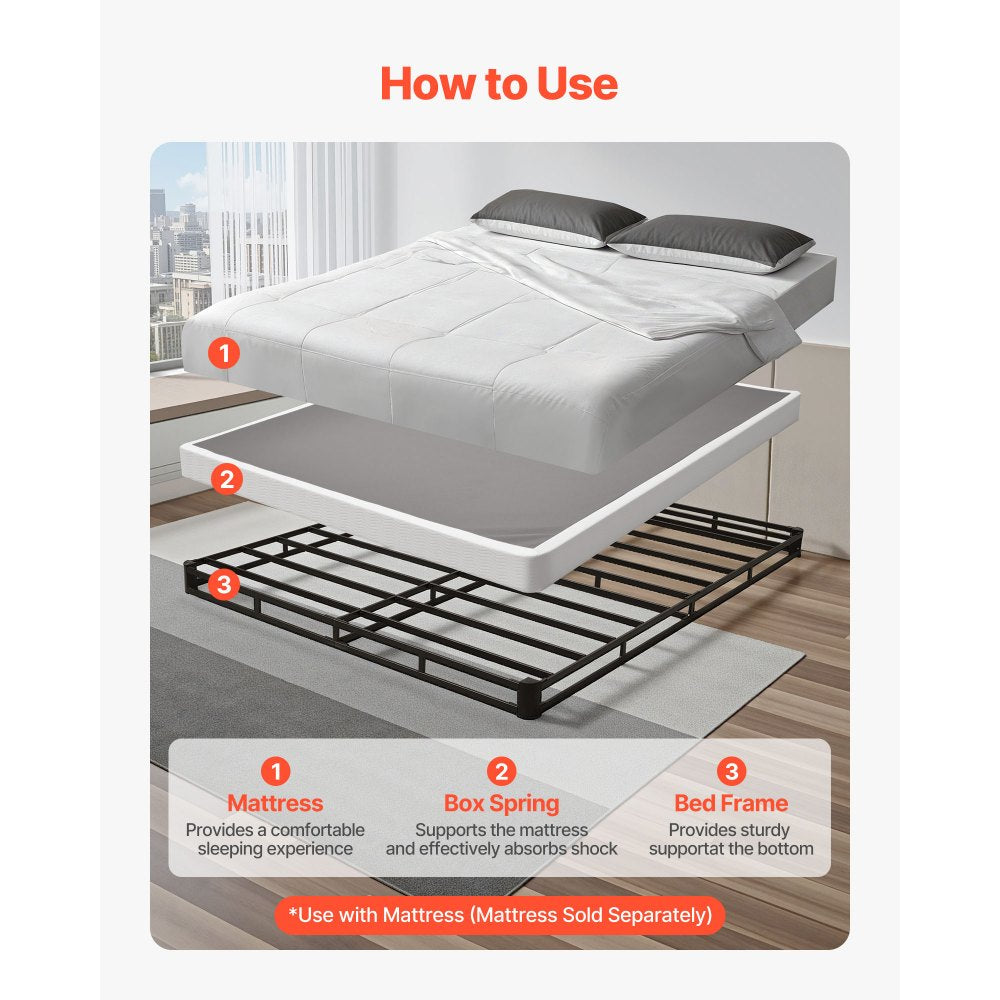 VEVOR Box Spring, Queen Size Bed Frame with Washable Fabric Cloth, Heavy Duty Metal Frame for Queen Bed, 4 in Mattress Foundation, 3500 lbs Max Weight Capacity, Easy Assembly, 79.1 L x 59.4 W x 4 H in