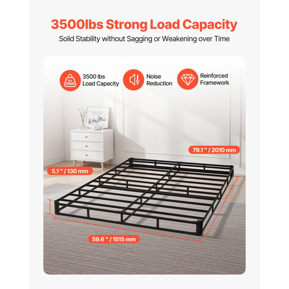 VEVOR Box Spring, Queen Size Bed Frame with Washable Fabric Cloth, Heavy Duty Metal Frame for Queen Bed, 5.1 in Mattress Foundation, 3500 lbs Max Weight Capacity, Easy Assembly, 79.1 x 59.6 x 5.1 in
