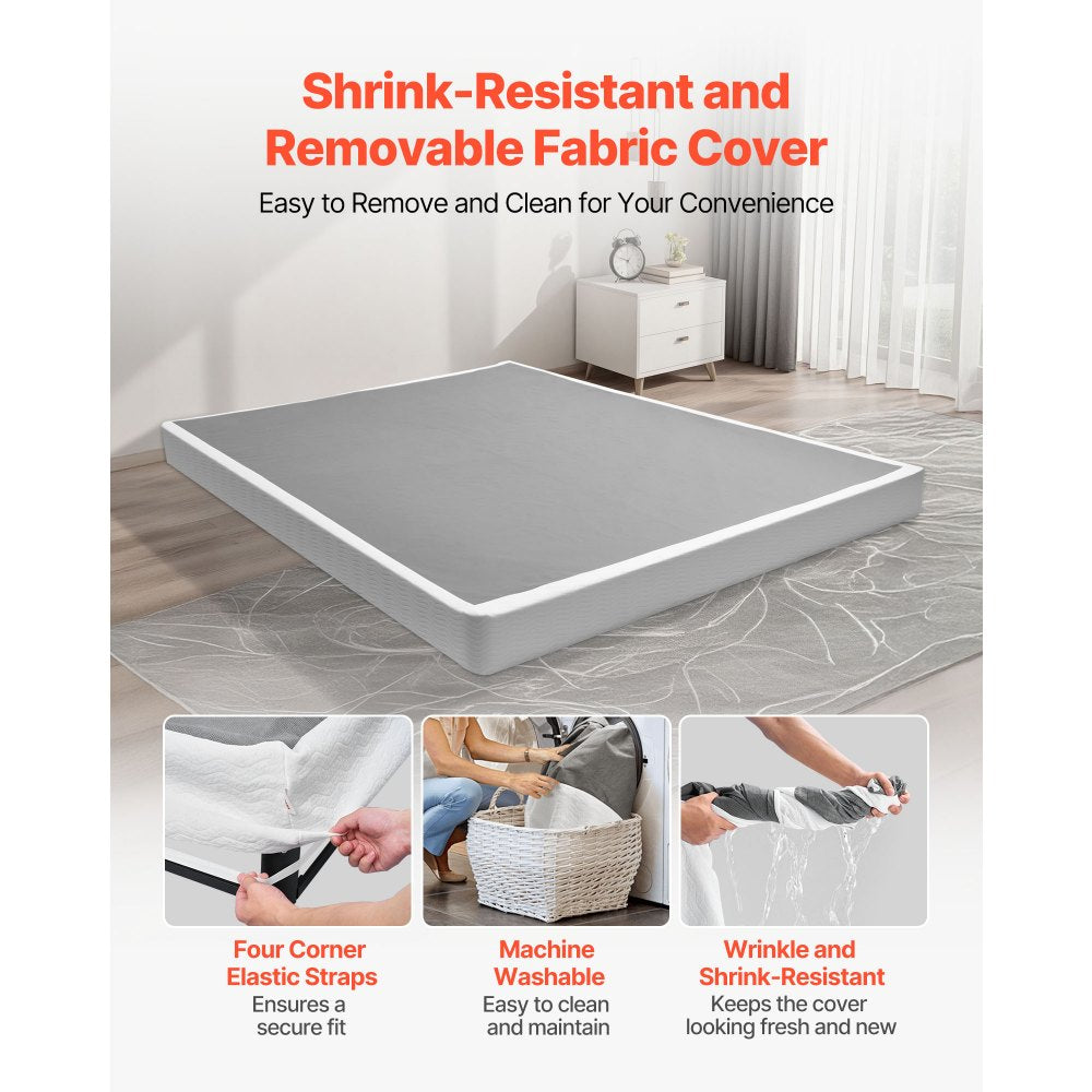 VEVOR Box Spring, Queen Size Bed Frame with Washable Fabric Cloth, Heavy Duty Metal Frame for Queen Bed, 5.1 in Mattress Foundation, 3500 lbs Max Weight Capacity, Easy Assembly, 79.1 x 59.6 x 5.1 in