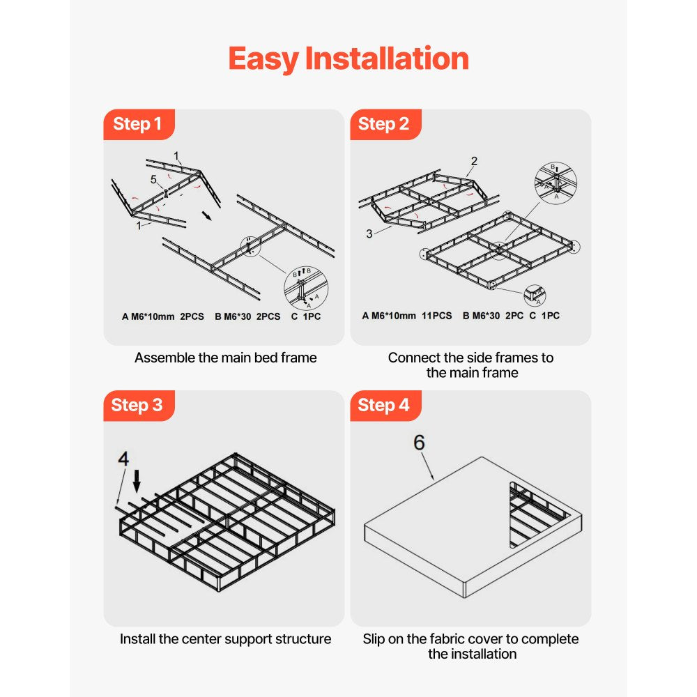 VEVOR Box Spring, Queen Size Bed Frame with Washable Fabric Cloth, Heavy Duty Metal Frame for Queen Bed, 5.1 in Mattress Foundation, 3500 lbs Max Weight Capacity, Easy Assembly, 79.1 x 59.6 x 5.1 in