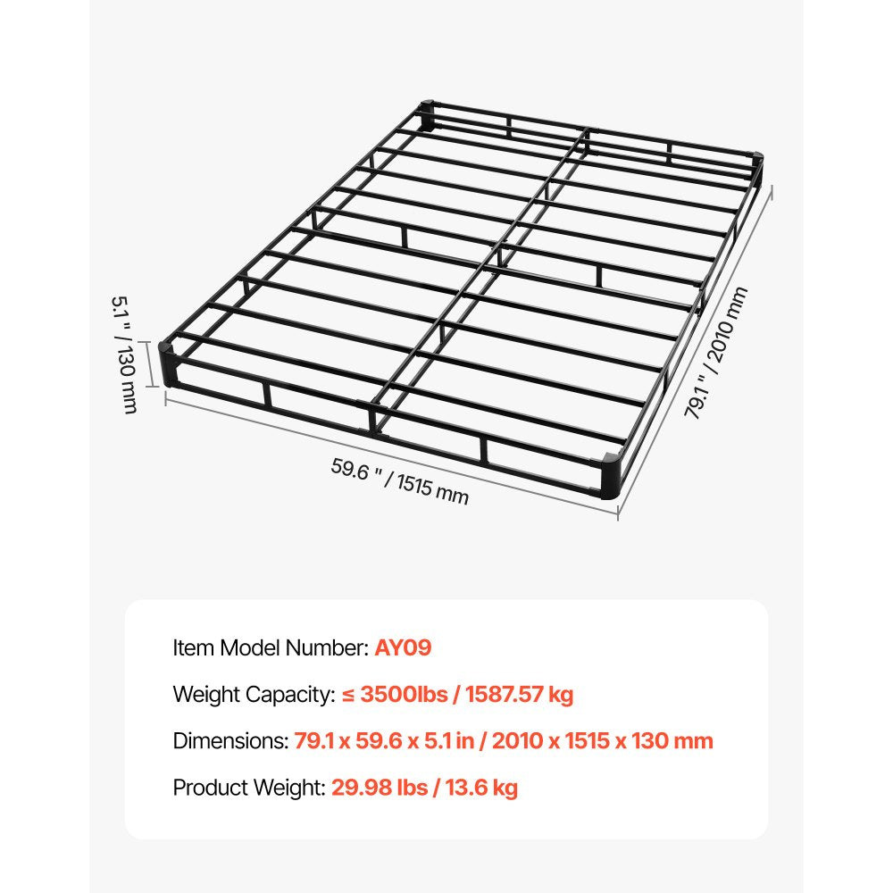 VEVOR Box Spring, Queen Size Bed Frame with Washable Fabric Cloth, Heavy Duty Metal Frame for Queen Bed, 5.1 in Mattress Foundation, 3500 lbs Max Weight Capacity, Easy Assembly, 79.1 x 59.6 x 5.1 in