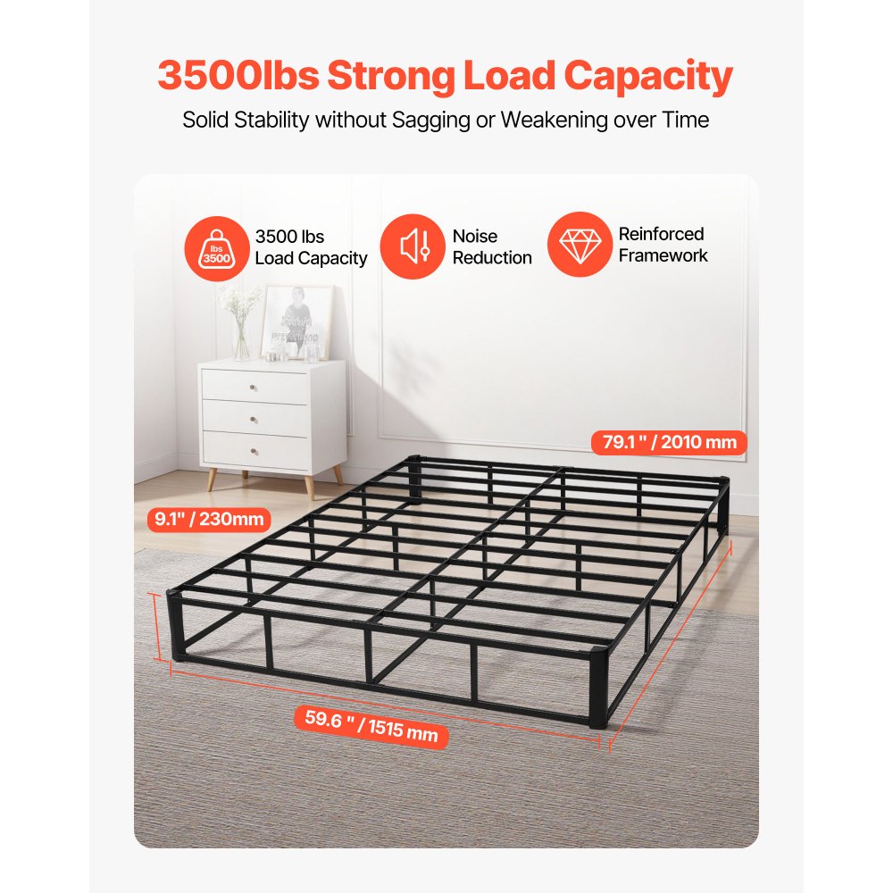 VEVOR Box Spring, Queen Size Bed Frame with Washable Fabric Cloth, Heavy Duty Metal Frame for Queen Bed, 9.1 in Mattress Foundation, 3500 lbs Max Weight Capacity, Easy Assembly, 79.1 x 59.6 x 9.1 in