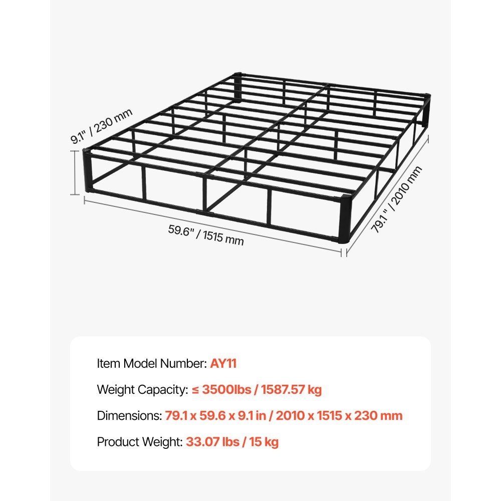 VEVOR Box Spring, Queen Size Bed Frame with Washable Fabric Cloth, Heavy Duty Metal Frame for Queen Bed, 9.1 in Mattress Foundation, 3500 lbs Max Weight Capacity, Easy Assembly, 79.1 x 59.6 x 9.1 in