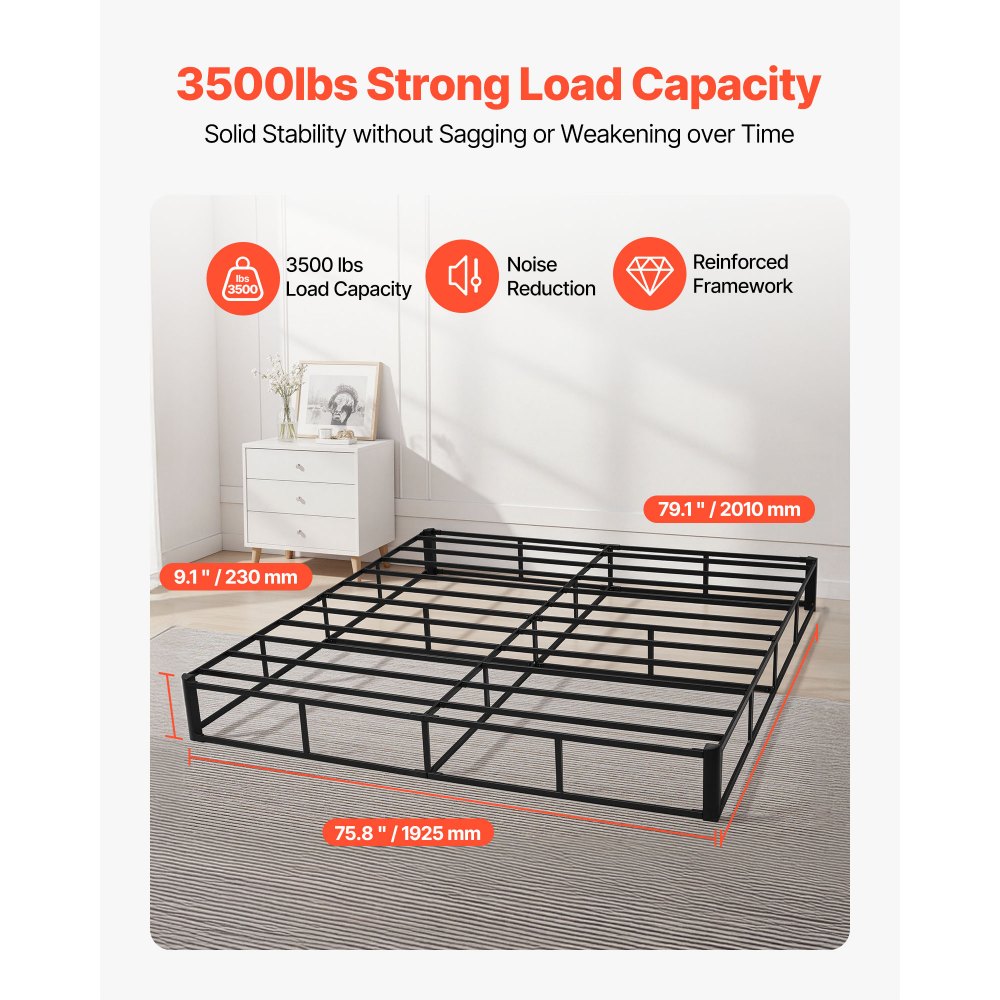 VEVOR Box Spring, King Size Bed Frame with Washable Fabric Cloth, Heavy Duty Metal Frame for King Bed, 9.1 in Mattress Foundation, 3500 lbs Max Weight Capacity, Easy Assembly, 79.1 x 75.8 x 9.1 in