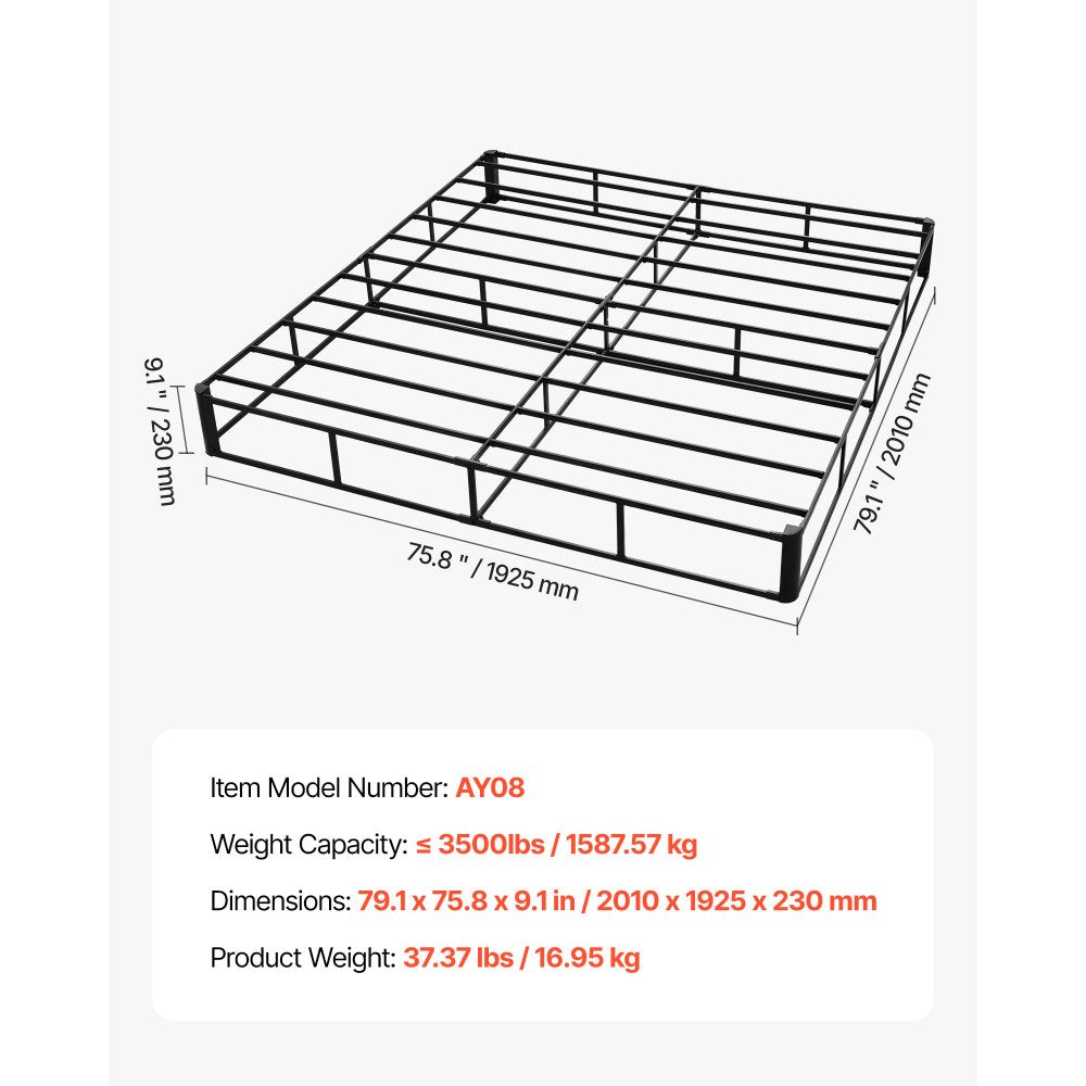 VEVOR Box Spring, King Size Bed Frame with Washable Fabric Cloth, Heavy Duty Metal Frame for King Bed, 9.1 in Mattress Foundation, 3500 lbs Max Weight Capacity, Easy Assembly, 79.1 x 75.8 x 9.1 in