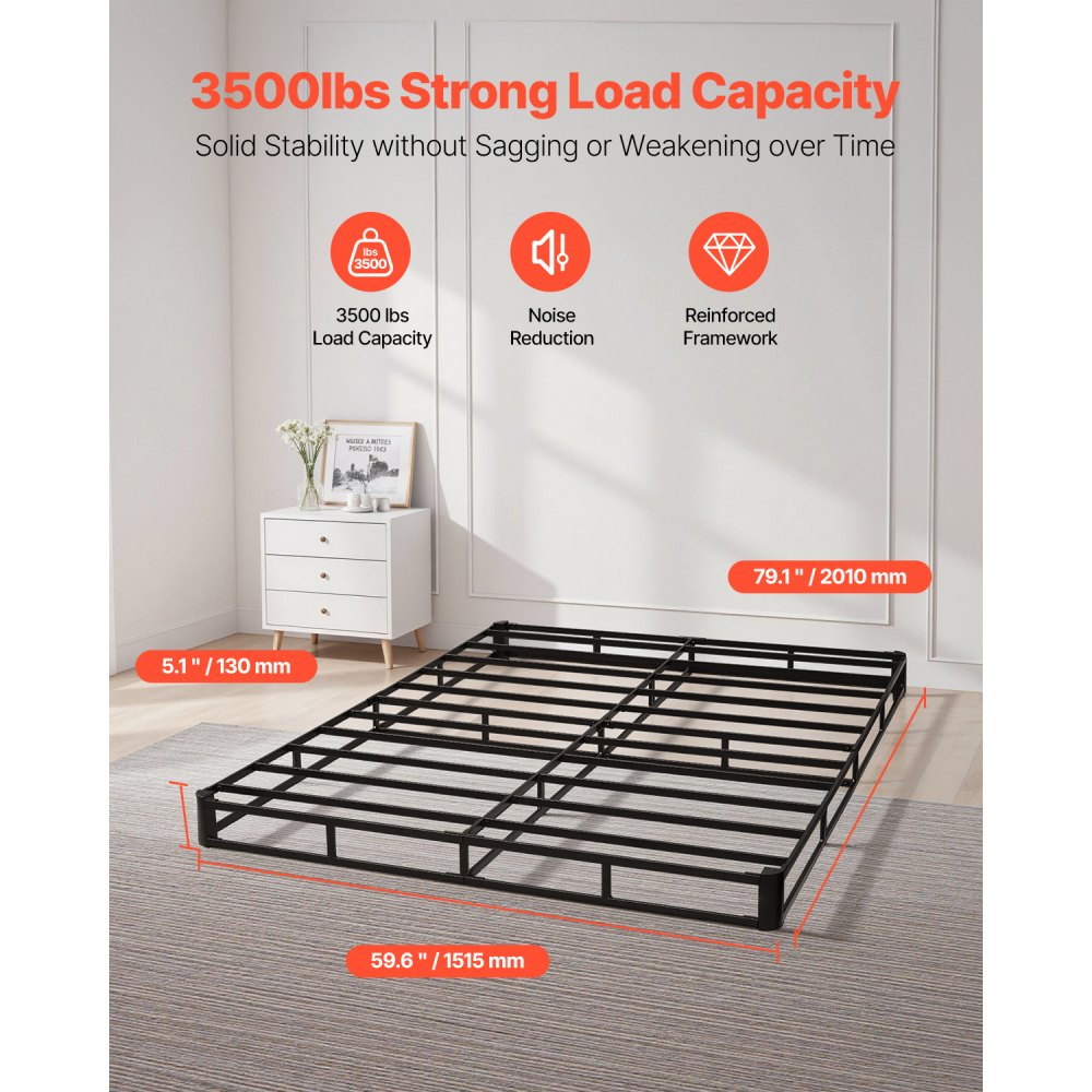 VEVOR Box Spring, Queen Size Bed Frame with Washable Fabric Cloth, Heavy Duty Metal Frame for Queen Bed, 5 in Mattress Foundation, 3500 lbs Max Weight Capacity, Easy Assembly, 79.1L x 59.6W x 5.1H in