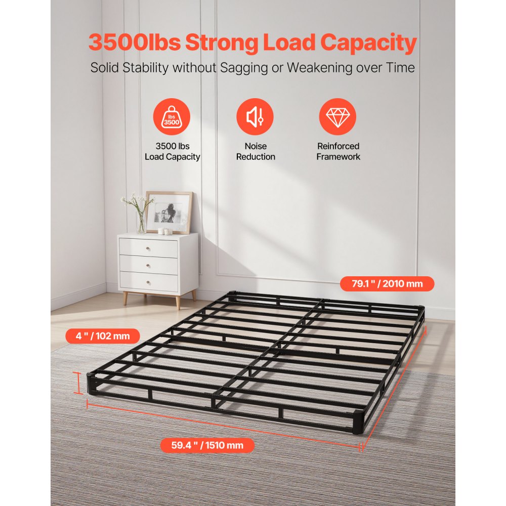VEVOR Box Spring, Queen Size Bed Frame with Washable Fabric Cloth, Heavy Duty Metal Frame for Queen Bed, 4 in Mattress Foundation, 3500 lbs Max Weight Capacity, Easy Assembly, 79.1 L x 59.4 W x 4 H in