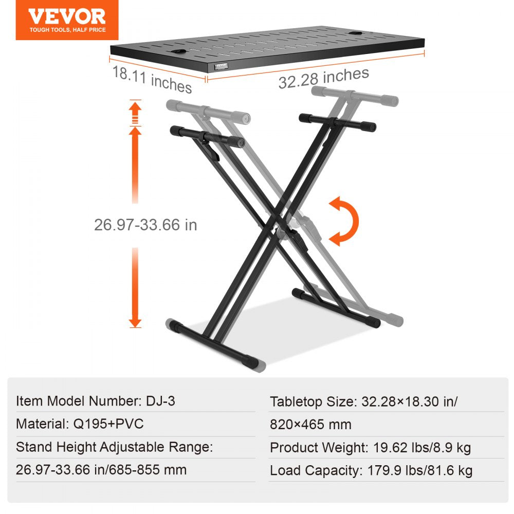 VEVOR DJ Table Stand, 32" x 20" Portable DJ Laptop and Controller Stand, Lightweight DJ Desk DJ Booth Adjustable Height DJ Stand, Foldable Double-X Braced Keyboard Stand & Tabletop, Audio Mixer Stand