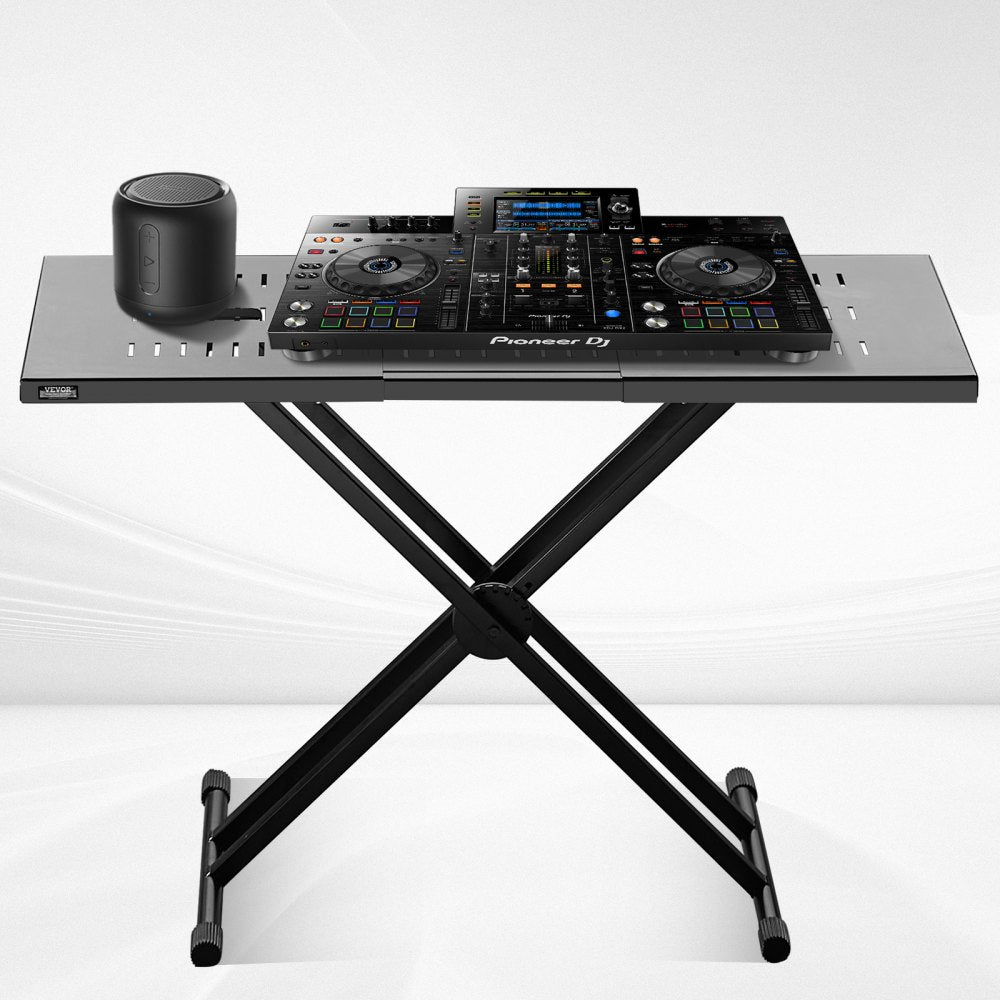 VEVOR DJ Table Stand, (32"-43") x 18" Portable DJ Laptop and Controller Stand, Lightweight DJ Desk DJ Booth Adjustable Height DJ Stand, Foldable Double-X Keyboard Stand & Tabletop, Audio Mixer Stand