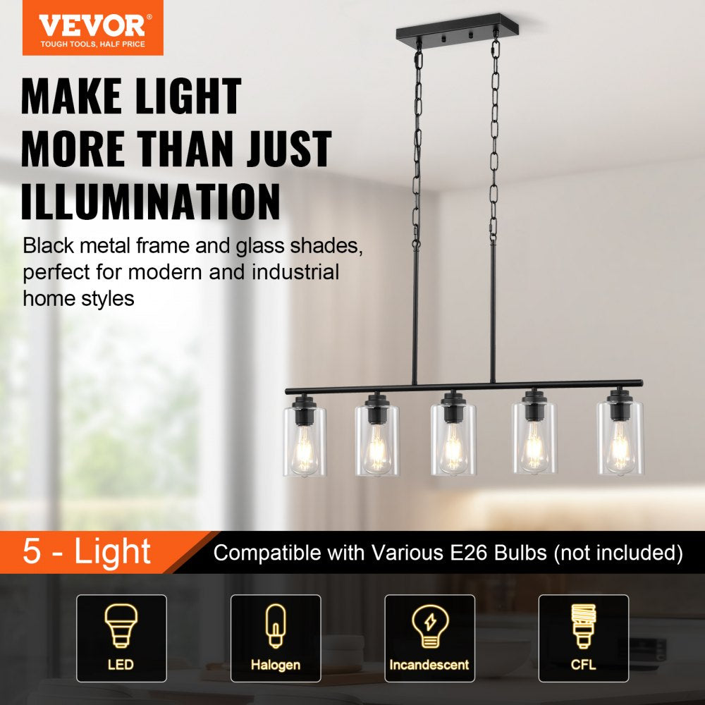 VEVOR 5-Light Kitchen Island Pendant Lights, 60W, Adjustable Dining Room Light Fixture with Clear Glass Lampshade 4 Rods 2 Metal Chains, Metal Frame Farmhouse Linear Chandeliers for Dining Room, E26