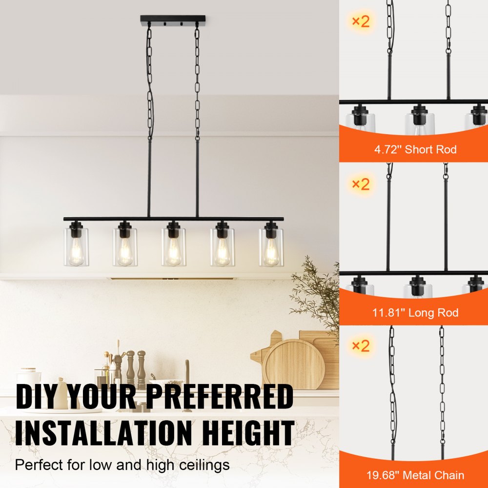 VEVOR 5-Light Kitchen Island Pendant Lights, 60W, Adjustable Dining Room Light Fixture with Clear Glass Lampshade 4 Rods 2 Metal Chains, Metal Frame Farmhouse Linear Chandeliers for Dining Room, E26
