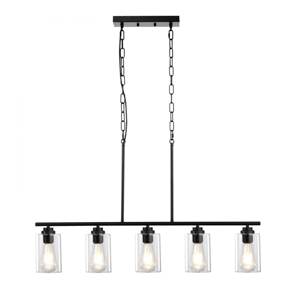 VEVOR 5-Light Kitchen Island Pendant Lights, 60W, Adjustable Dining Room Light Fixture with Clear Glass Lampshade 4 Rods 2 Metal Chains, Metal Frame Farmhouse Linear Chandeliers for Dining Room, E26