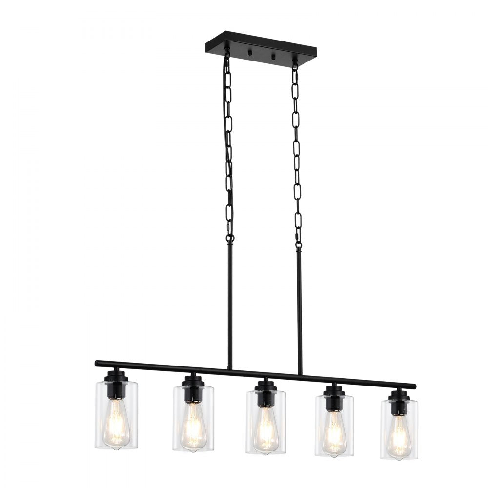 VEVOR 5-Light Kitchen Island Pendant Lights, 60W, Adjustable Dining Room Light Fixture with Clear Glass Lampshade 4 Rods 2 Metal Chains, Metal Frame Farmhouse Linear Chandeliers for Dining Room, E26