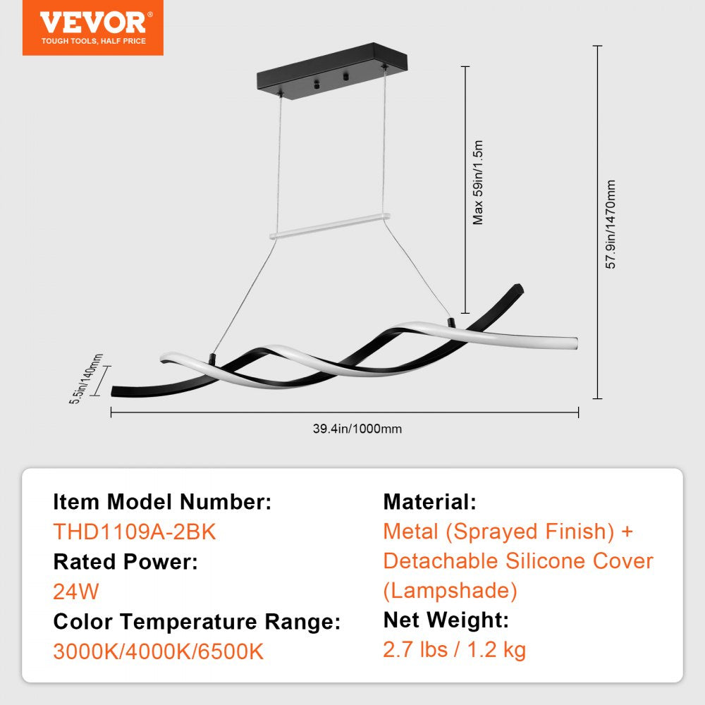 VEVOR Modern Chandelier Light Fixtures, 24W, Dimmable LED Pendant Light with Silicone Lampshade, 3000K / 4000K / 6500K Color Temperature Adjustable Ceiling Lamp, for Kitchen, Dining Room