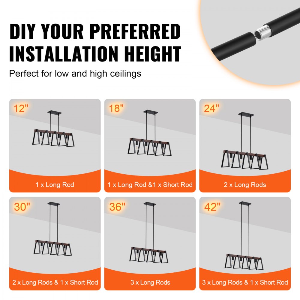 VEVOR 4-Light Kitchen Island Pendant Lights, 60W, Adjustable Dining Room Light Fixture with 2 x 6'' and 6 x 12'' Rods, Industrial Metal Frame Farmhouse Linear Chandeliers Lighting for Dining Room, E26