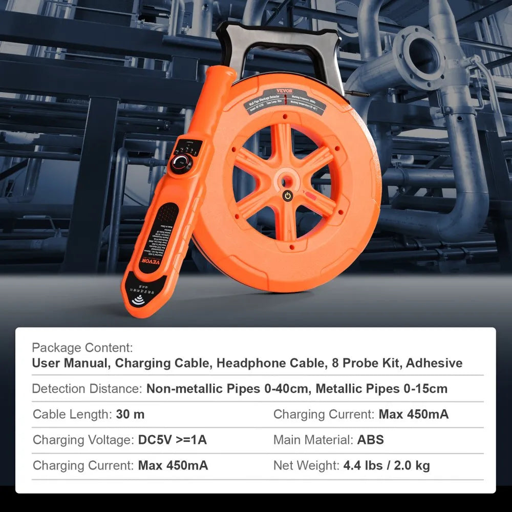 VEVOR Pipe Locators, 100ft/30m PVC Pipe Locators Underground, IP67 Waterproof Pipe Blockage Detector with Adjustable Sensitivity, Sewer Wall Scanner Plumbing Tool for PVC Plastic Metal Water Pipes