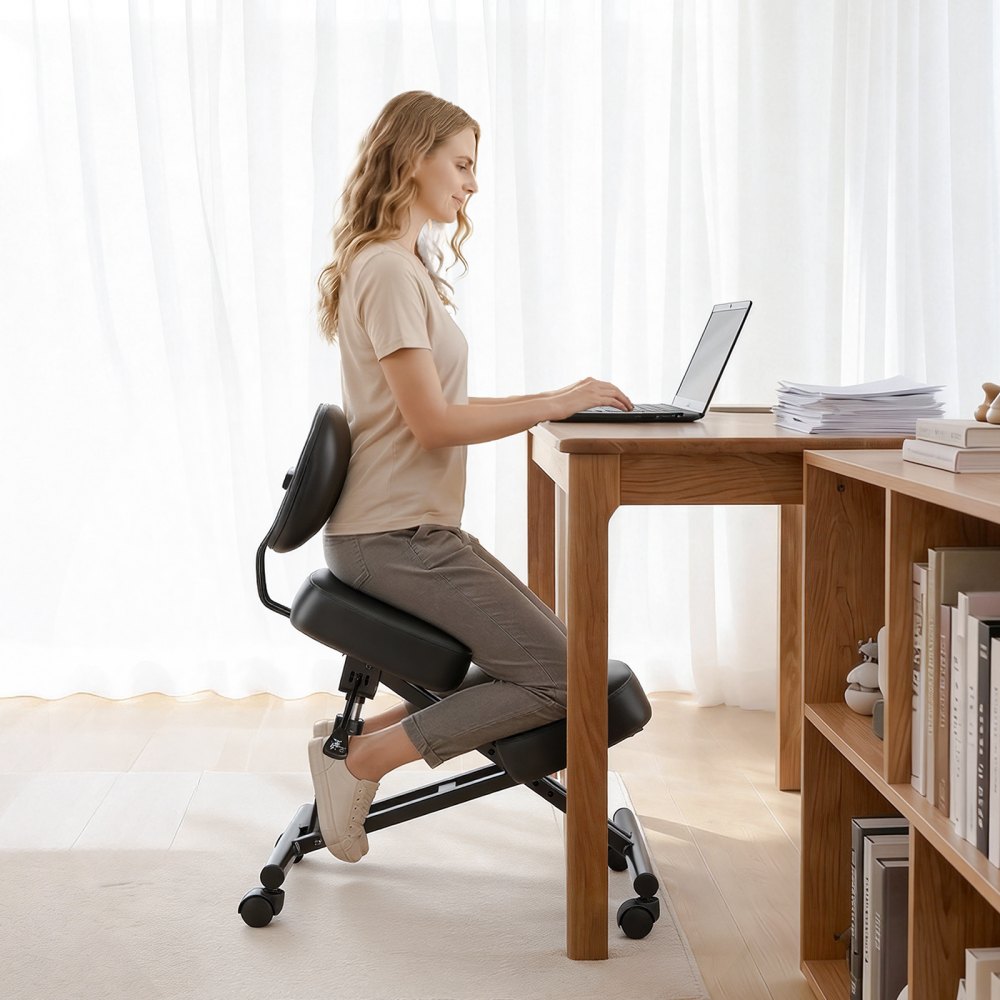 VEVOR Ergonomic Kneeling Chair with Backrest & Wheels, Mobile X-Shaped Posture Knee Chair with Adjustable Height & Thick Foam Cushions, Relief for Neck or Back Pain for Home, Office, Meditation, Black