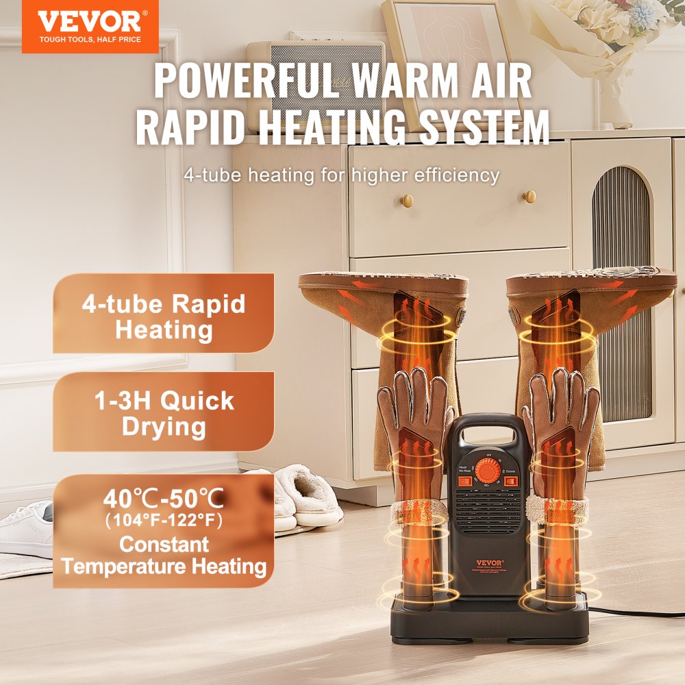 VEVOR Shoe Dryer with Timer, Detachable 4 Tubes Boot Dryers with V0-Rated Fire-Retardant Materials, Quick Drying for Work Boots, Sneakers, Gloves, Helmets, Black & Orange