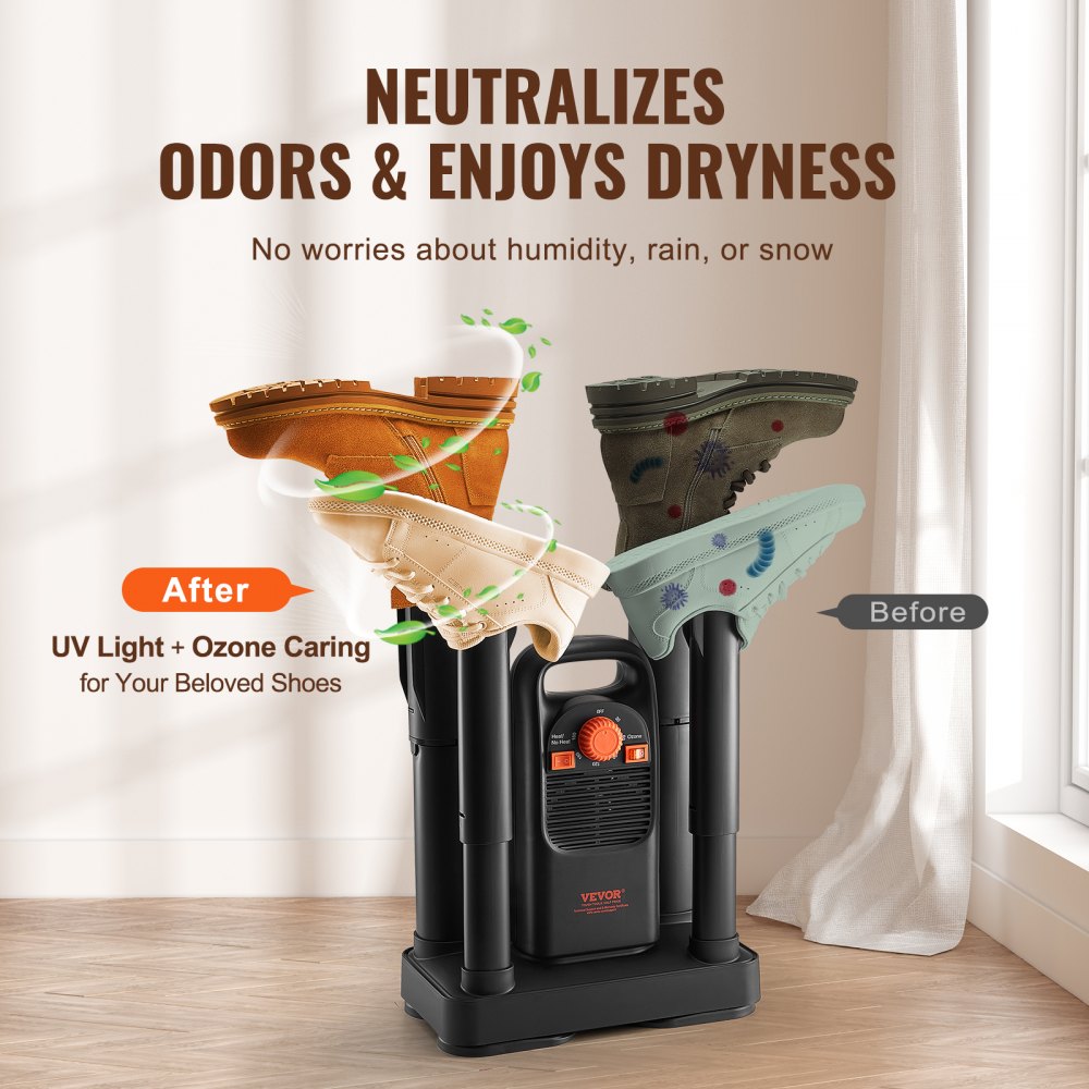 VEVOR Shoe Dryer with Timer, Detachable 4 Tubes Boot Dryers with V0-Rated Fire-Retardant Materials, Quick Drying for Work Boots, Sneakers, Gloves, Helmets, Black & Orange