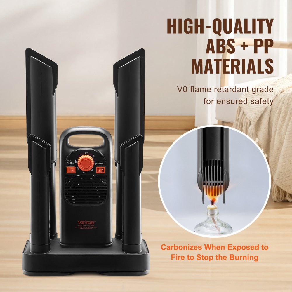 VEVOR Shoe Dryer with Timer, Detachable 4 Tubes Boot Dryers with V0-Rated Fire-Retardant Materials, Quick Drying for Work Boots, Sneakers, Gloves, Helmets, Black & Orange