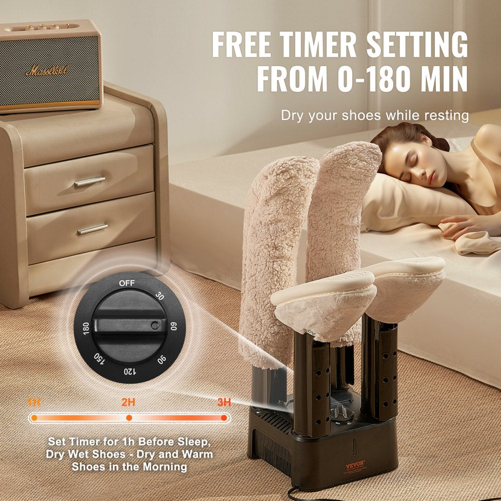 VEVOR Detachable 4 Tubes Shoe Dryer, Portable Boot Dryer with Timer, Boot Warmers/Dryer with Heat Blower & ABS+PP for Snow Boots, Leather Shoes, Canvas Shoes, Socks, Black & Orange