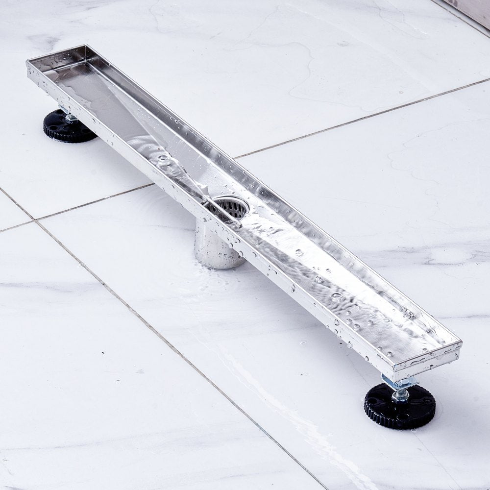 VEVOR 24Inch Linear Shower Drain Offset with Tile Insert Cover,Brushed 304 Stainless Steel Rectangle Shower Floor Drain,Linear Drain with Leveling Feet,Hair Strainer Silver