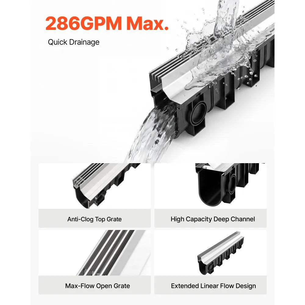 VEVOR Trench Drain, 39.7 x 5.8 x 7.4 in, 3 Pack Linear Drainage Channel with Stainless Steel Grate, HDPE Channel Drain, Outdoor Drainage System for Driveway, Patio, Pool, Garden, Black & Silver