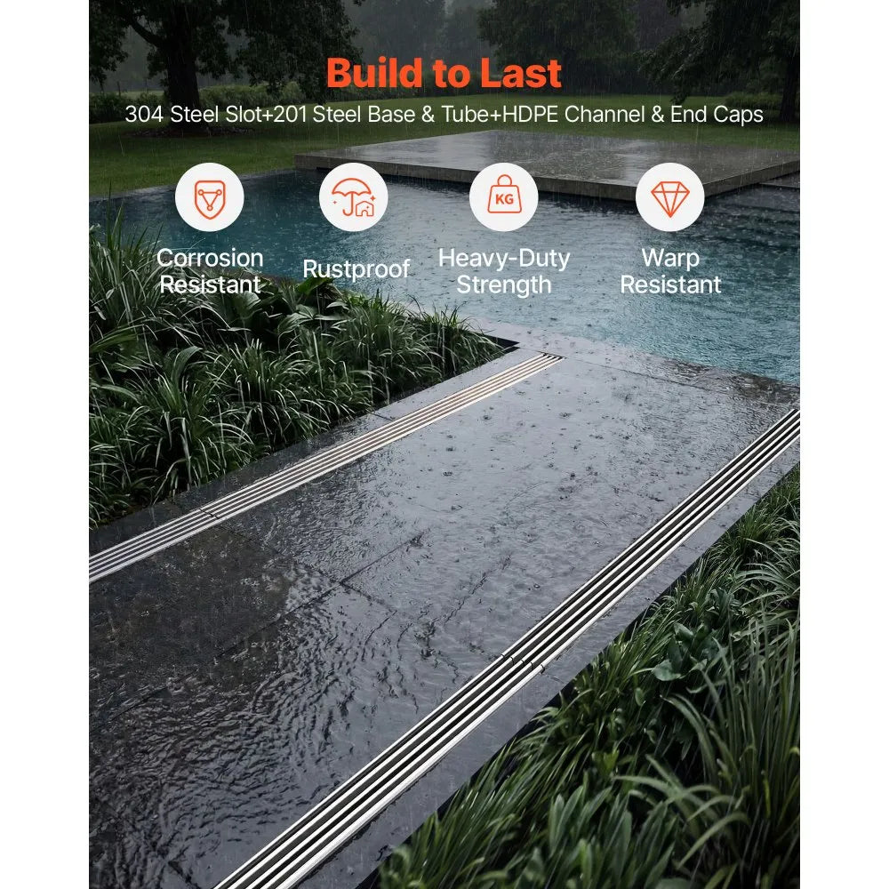 VEVOR Trench Drain, 39.7 x 5.8 x 7.4 in, 3 Pack Linear Drainage Channel with Stainless Steel Grate, HDPE Channel Drain, Outdoor Drainage System for Driveway, Patio, Pool, Garden, Black & Silver