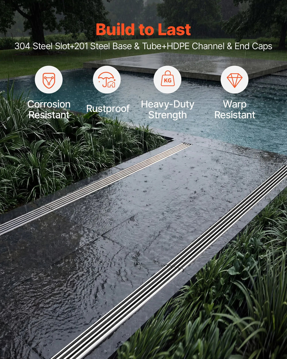 VEVOR Trench Drain, 39.7 x 5.8 x 7.4 in, 3 Pack Linear Drainage Channel with Stainless Steel Grate, HDPE Channel Drain, Outdoor Drainage System for Driveway, Patio, Pool, Garden, Black & Silver