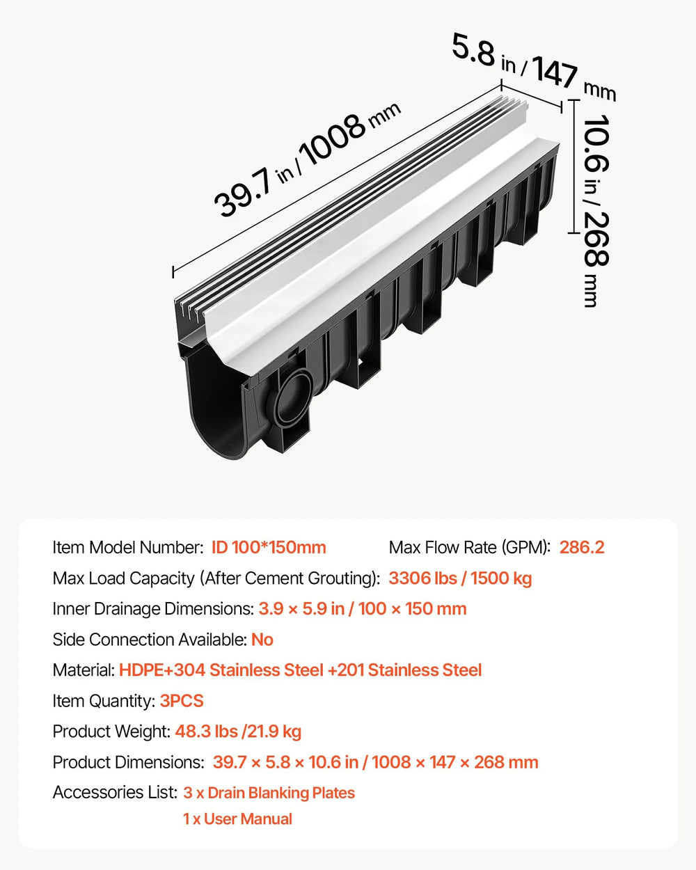 VEVOR Trench Drain, 39.7 x 5.8 x 7.4 in, 3 Pack Linear Drainage Channel with Stainless Steel Grate, HDPE Channel Drain, Outdoor Drainage System for Driveway, Patio, Pool, Garden, Black & Silver