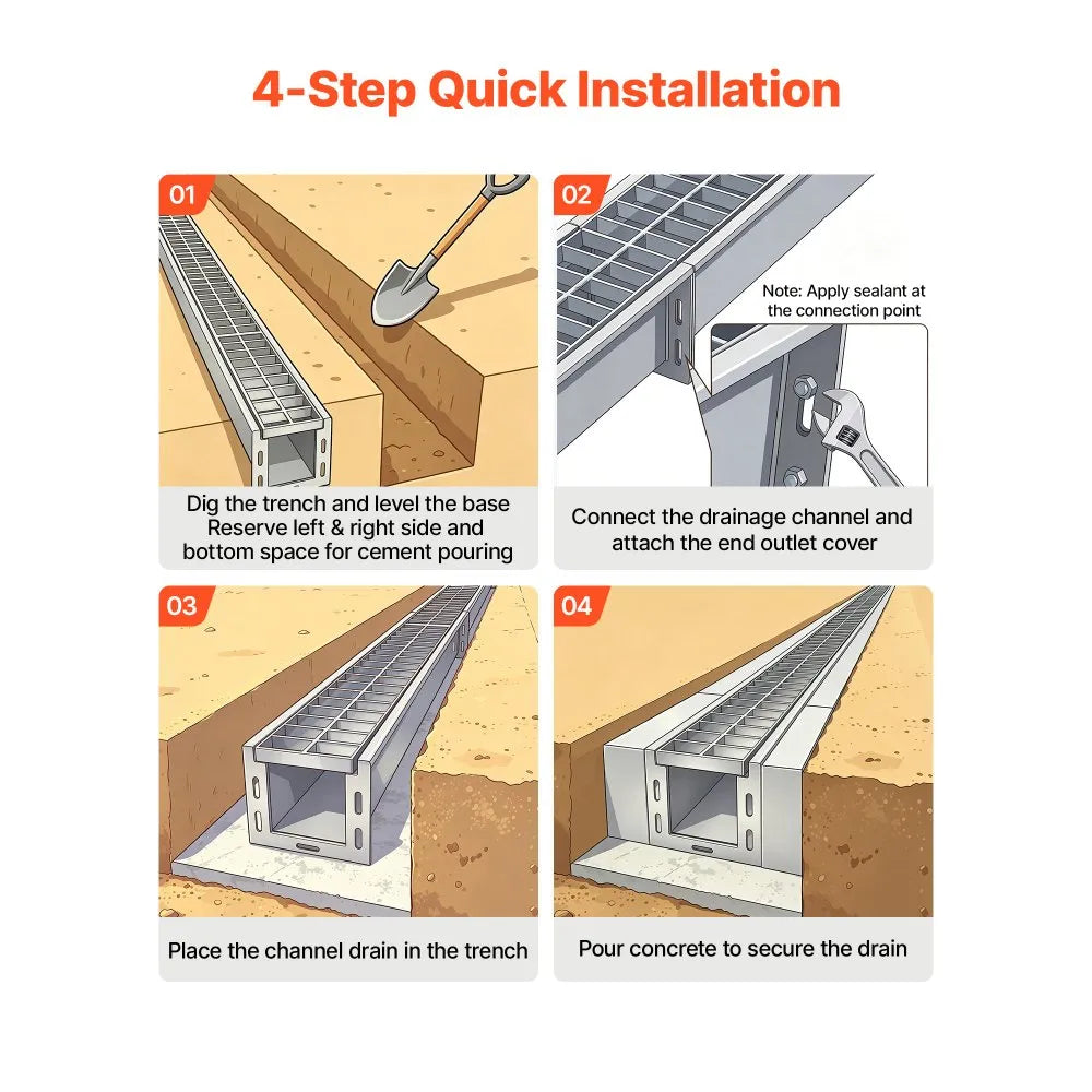 VEVOR Trench Drain, 43.3 x 5.8 x 5.5 in, Linear Drainage Channel with Carbon Steel Grate, 304 Stainless Steel Channel Drain, Premium Outdoor Drainage System for Driveway, Patio, Pool, Garden, Silver