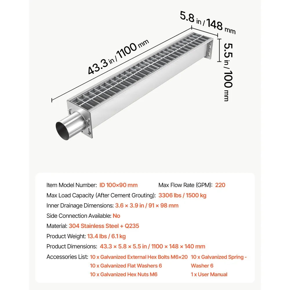 VEVOR Trench Drain, 43.3 x 5.8 x 5.5 in, Linear Drainage Channel with Carbon Steel Grate, 304 Stainless Steel Channel Drain, Premium Outdoor Drainage System for Driveway, Patio, Pool, Garden, Silver
