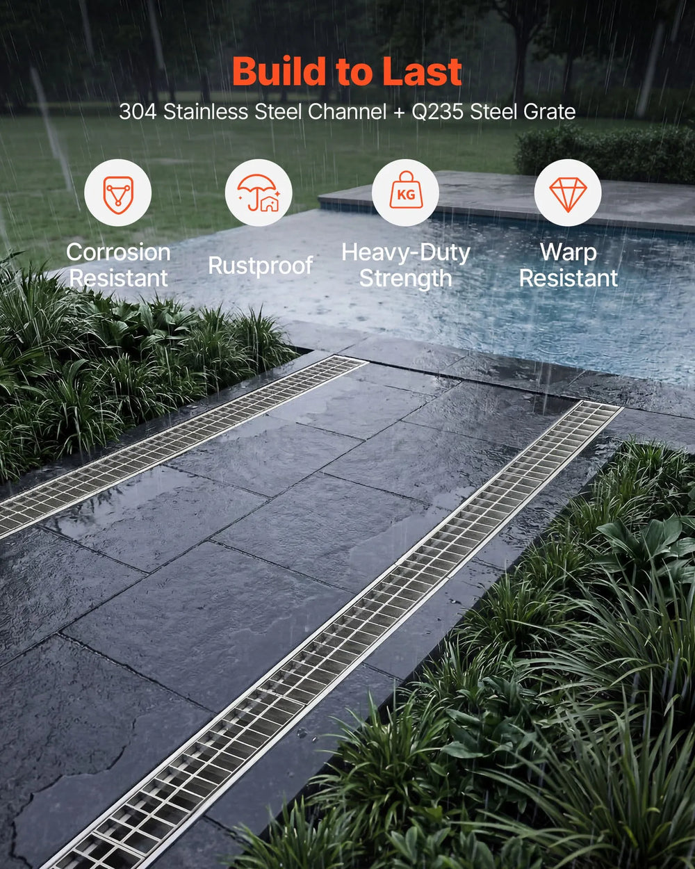 VEVOR Trench Drain, 43.3 x 5.8 x 5.5 in, Linear Drainage Channel with Carbon Steel Grate, 304 Stainless Steel Channel Drain, Premium Outdoor Drainage System for Driveway, Patio, Pool, Garden, Silver