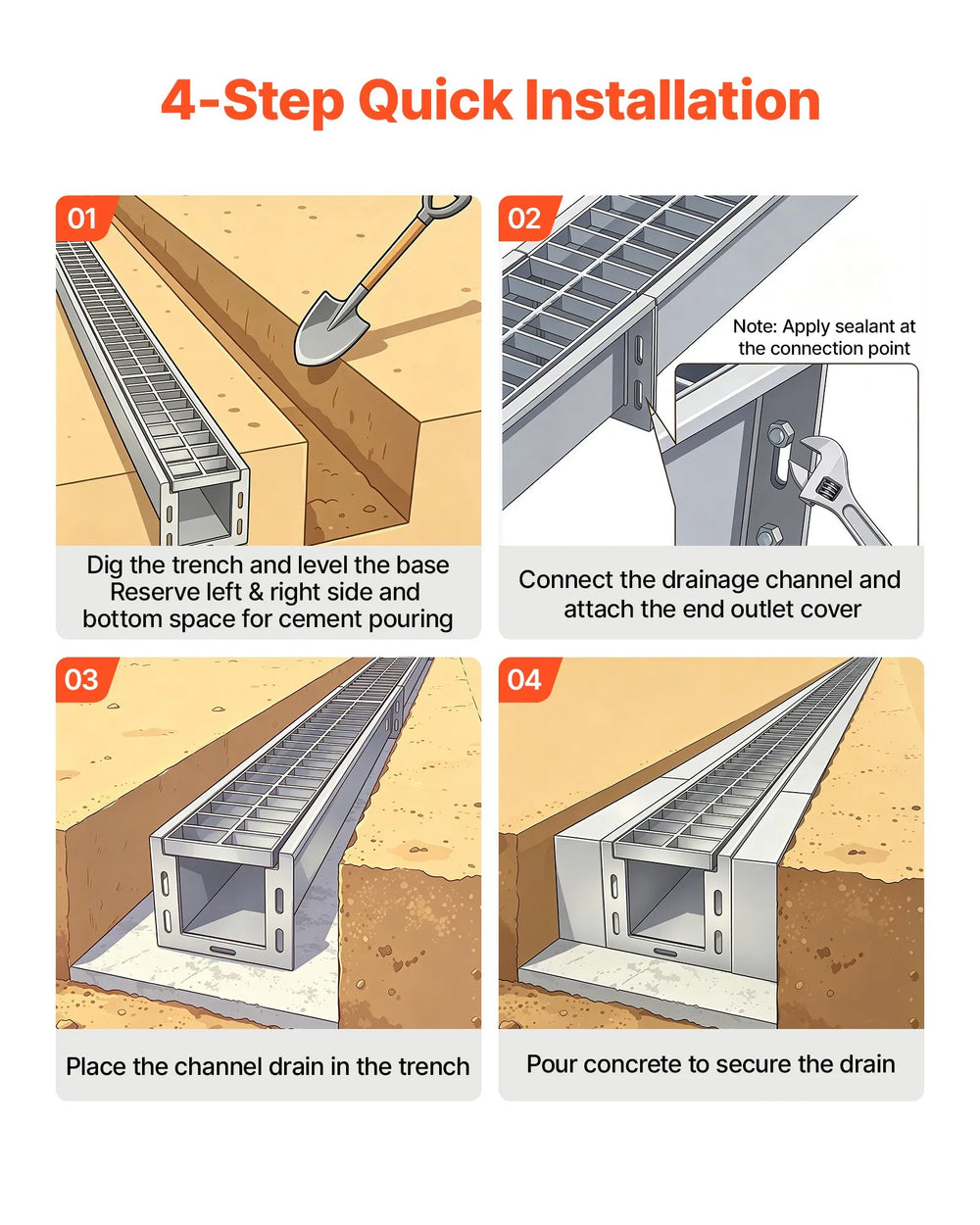 VEVOR Trench Drain, 43.3 x 5.8 x 5.5 in, Linear Drainage Channel with Carbon Steel Grate, 304 Stainless Steel Channel Drain, Premium Outdoor Drainage System for Driveway, Patio, Pool, Garden, Silver