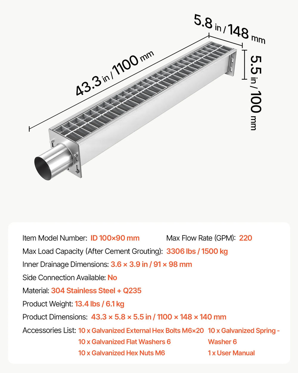 VEVOR Trench Drain, 43.3 x 5.8 x 5.5 in, Linear Drainage Channel with Carbon Steel Grate, 304 Stainless Steel Channel Drain, Premium Outdoor Drainage System for Driveway, Patio, Pool, Garden, Silver