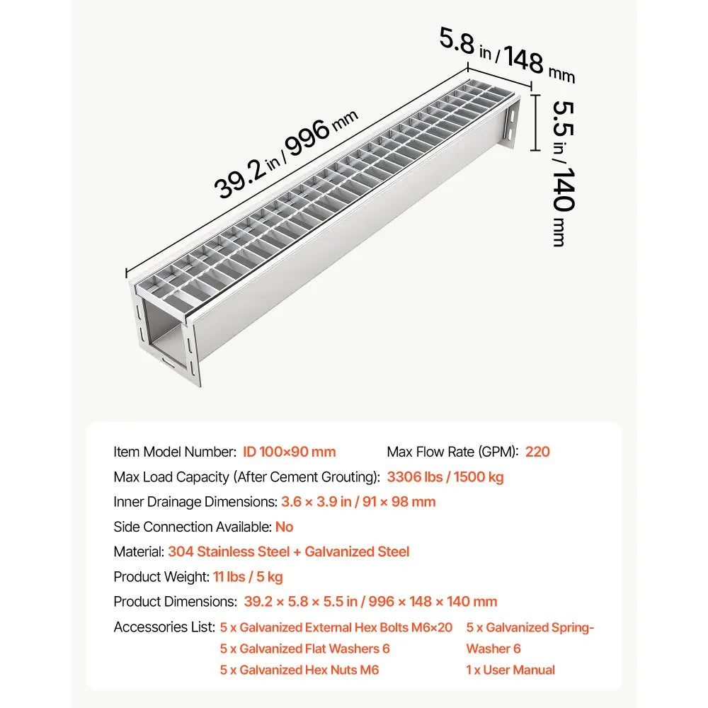 VEVOR Trench Drain, 39.3 x 5.8 x 5.5 in, Linear Drainage Channel with Galvanized Steel Grate, 304 Stainless Steel Channel Drain, Outdoor Drainage System for Driveway, Patio, Pool, Garden, Silver