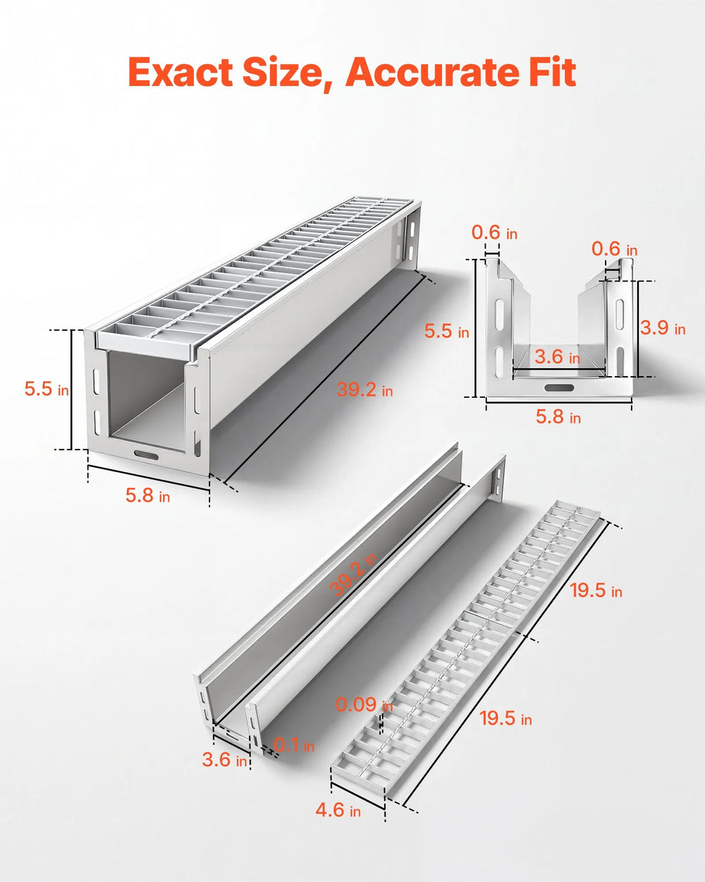 VEVOR Trench Drain, 39.3 x 5.8 x 5.5 in, Linear Drainage Channel with Galvanized Steel Grate, 304 Stainless Steel Channel Drain, Outdoor Drainage System for Driveway, Patio, Pool, Garden, Silver