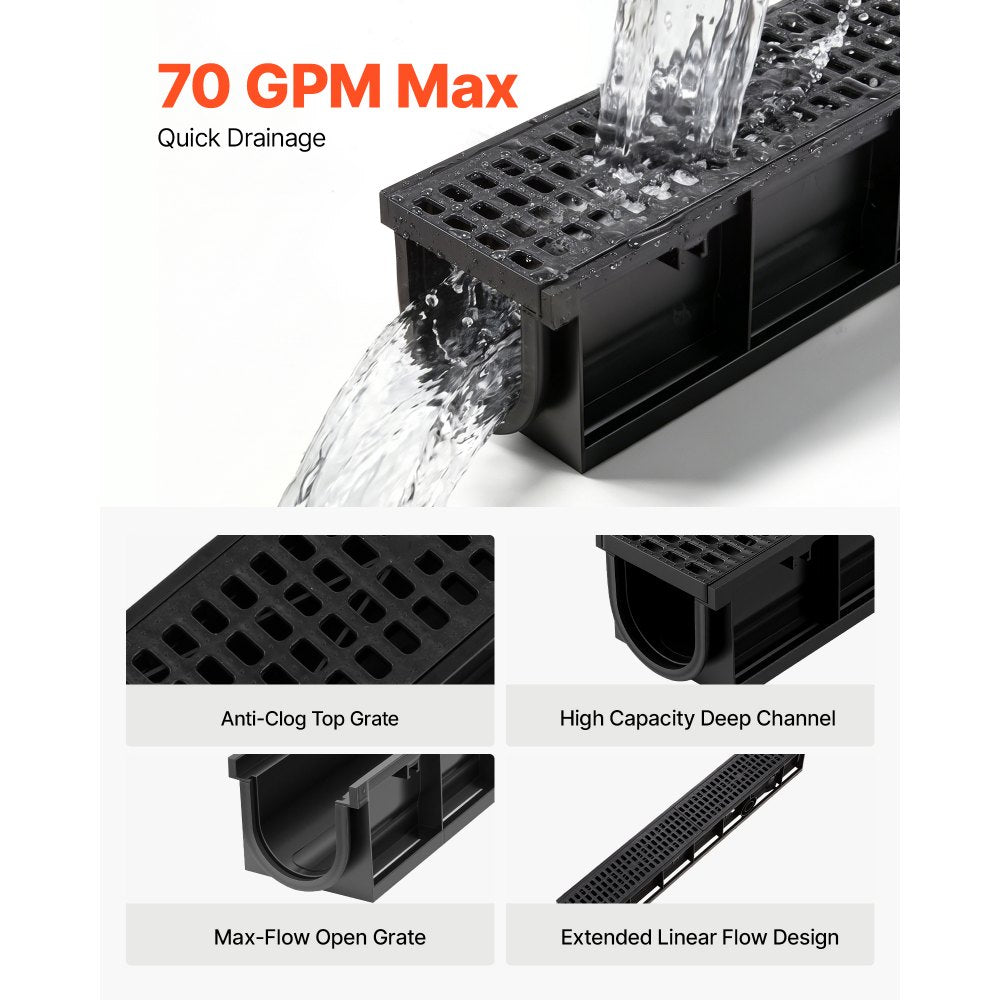 VEVOR Trench Drain, 40.2 x 6.6 x 5.5 in, 3 Pack Linear Drainage Channel, HDPE Channel Drain with Grates & End Caps, Premium Outdoor Drainage System for Driveway, Patio, Pool, Garden, Yard, Black