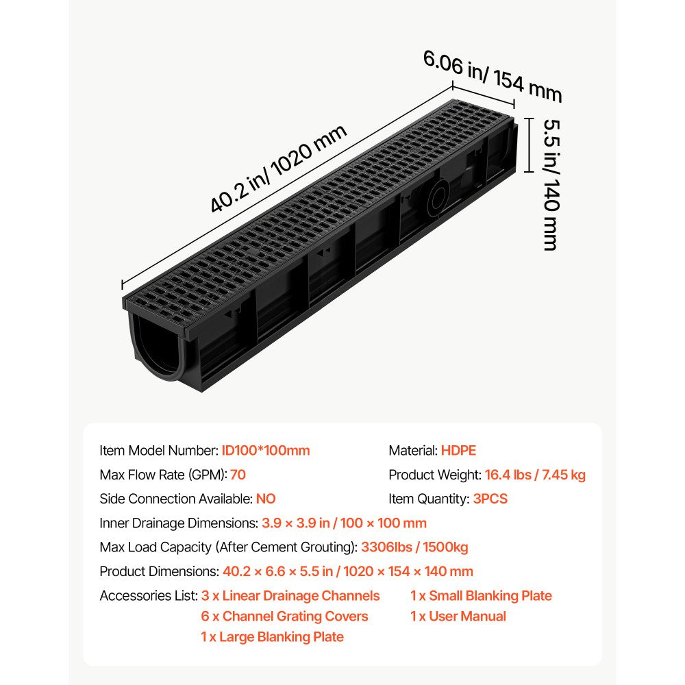 VEVOR Trench Drain, 40.2 x 6.6 x 5.5 in, 3 Pack Linear Drainage Channel, HDPE Channel Drain with Grates & End Caps, Premium Outdoor Drainage System for Driveway, Patio, Pool, Garden, Yard, Black