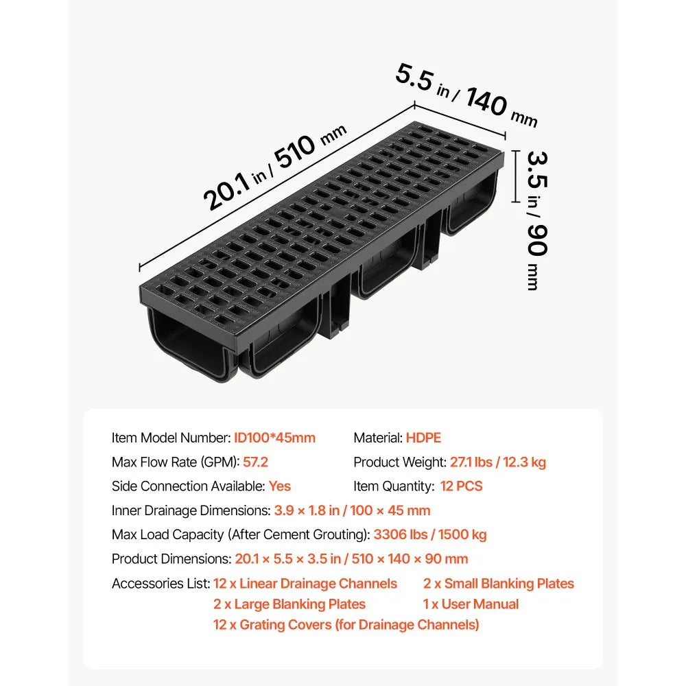 VEVOR Trench Drain, 20.1 x 5.5 x 3.5 in, 12 Pack Linear Drainage Channel, HDPE Channel Drain with Grates & End Caps, Premium Outdoor Drainage System for Driveway, Patio, Pool, Garden, Yard, Black