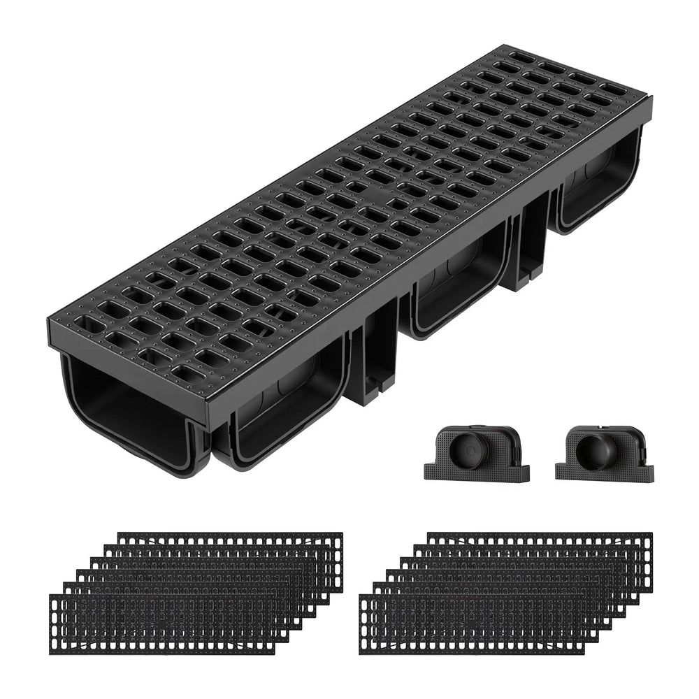 VEVOR Trench Drain, 20.1 x 5.5 x 3.5 in, 12 Pack Linear Drainage Channel, HDPE Channel Drain with Grates & End Caps, Premium Outdoor Drainage System for Driveway, Patio, Pool, Garden, Yard, Black