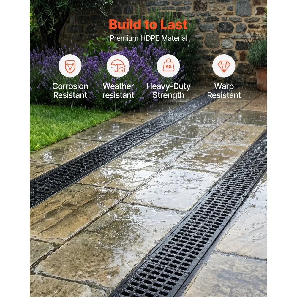 VEVOR Trench Drain, 40.2 x 6.6 x 5.5 in, 6 Pack Linear Drainage Channel, HDPE Channel Drain with Grates & End Caps, Premium Outdoor Drainage System for Driveway, Patio, Pool, Garden, Yard, Black