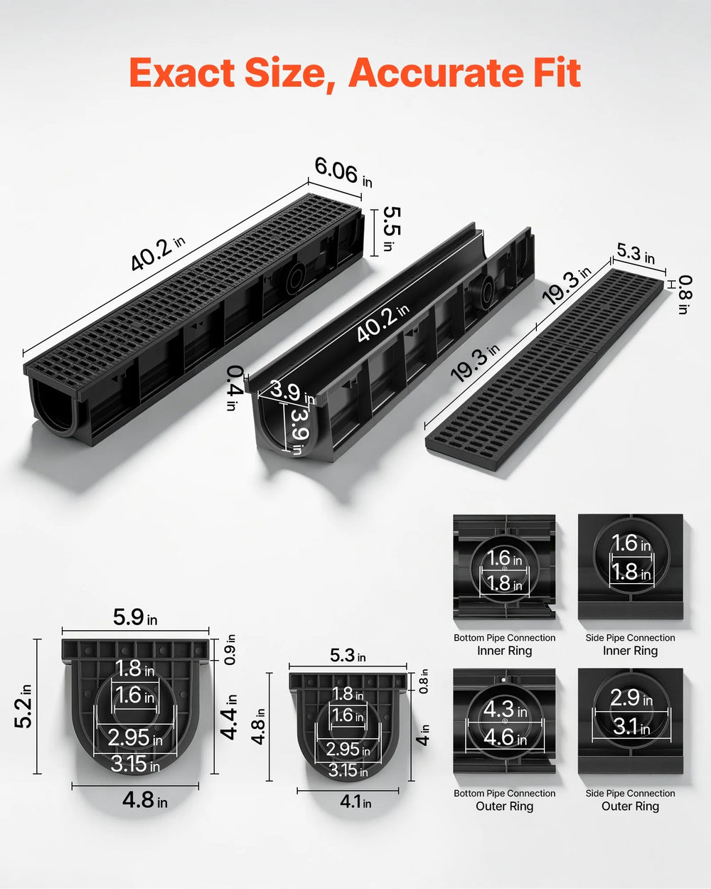 VEVOR Trench Drain, 40.2 x 6.6 x 5.5 in, 6 Pack Linear Drainage Channel, HDPE Channel Drain with Grates & End Caps, Premium Outdoor Drainage System for Driveway, Patio, Pool, Garden, Yard, Black