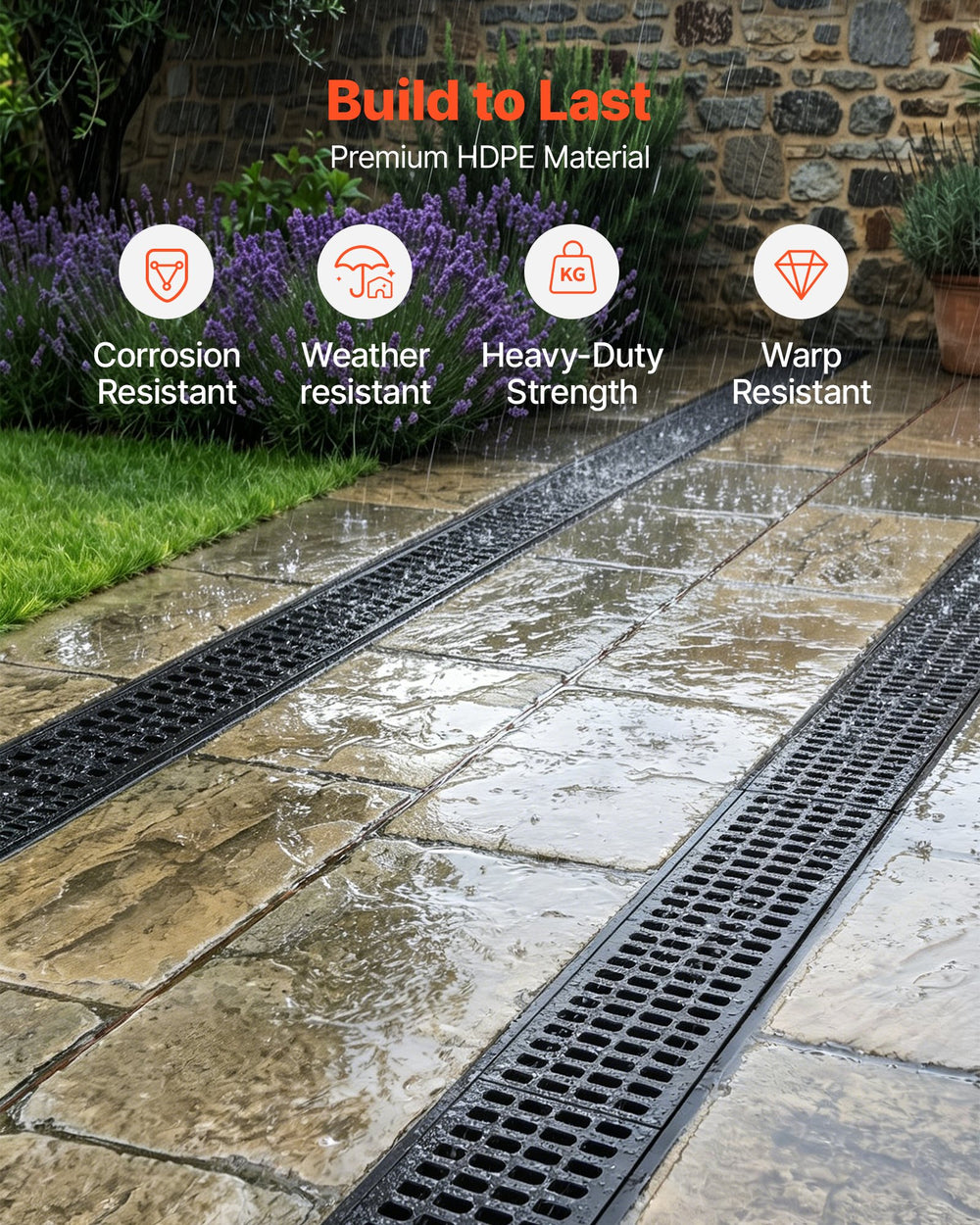 VEVOR Trench Drain, 40.2 x 6.6 x 5.5 in, 6 Pack Linear Drainage Channel, HDPE Channel Drain with Grates & End Caps, Premium Outdoor Drainage System for Driveway, Patio, Pool, Garden, Yard, Black