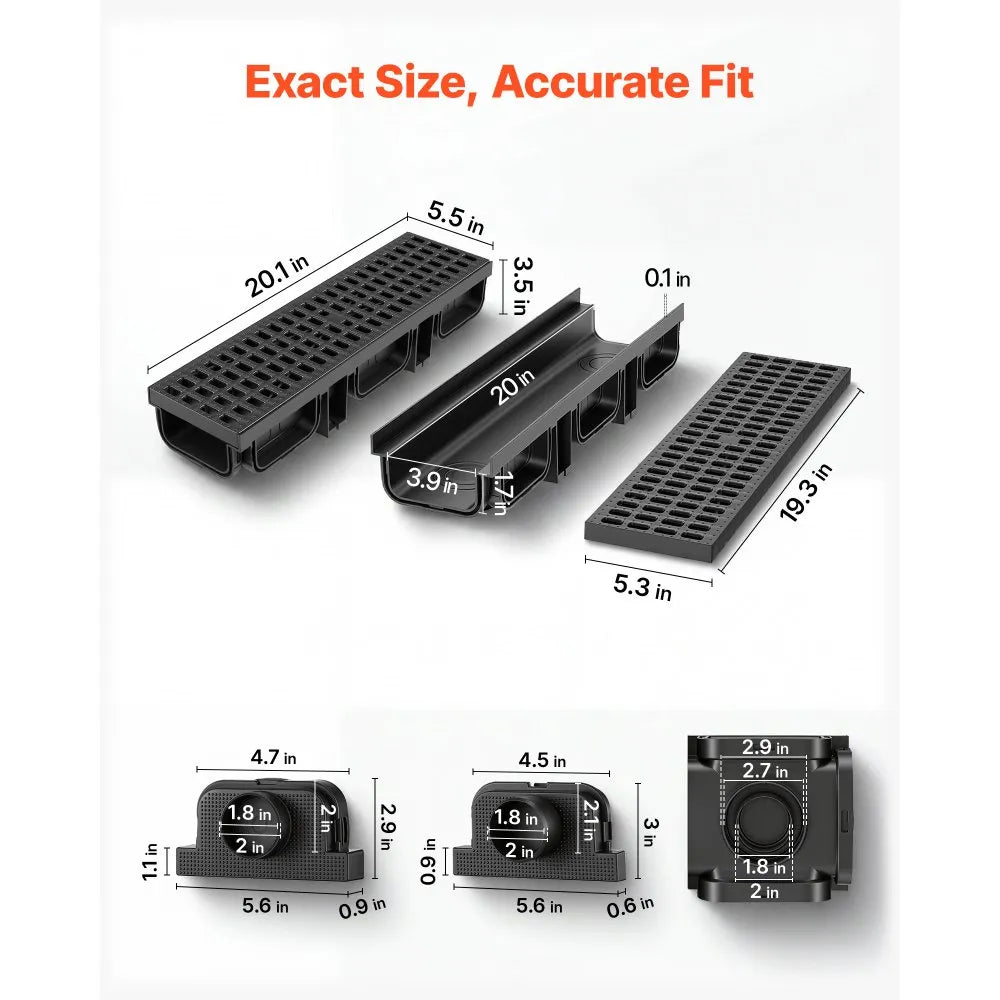 VEVOR Trench Drain, 20.1 x 5.5 x 3.5 in, 6 Pack Linear Drainage Channel, HDPE Channel Drain with Grates & End Caps, Premium Outdoor Drainage System for Driveway, Patio, Pool, Garden, Yard, Black