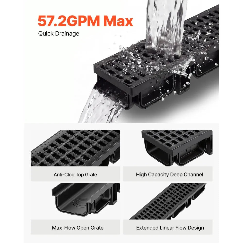 VEVOR Trench Drain, 20.1 x 5.5 x 3.5 in, 6 Pack Linear Drainage Channel, HDPE Channel Drain with Grates & End Caps, Premium Outdoor Drainage System for Driveway, Patio, Pool, Garden, Yard, Black
