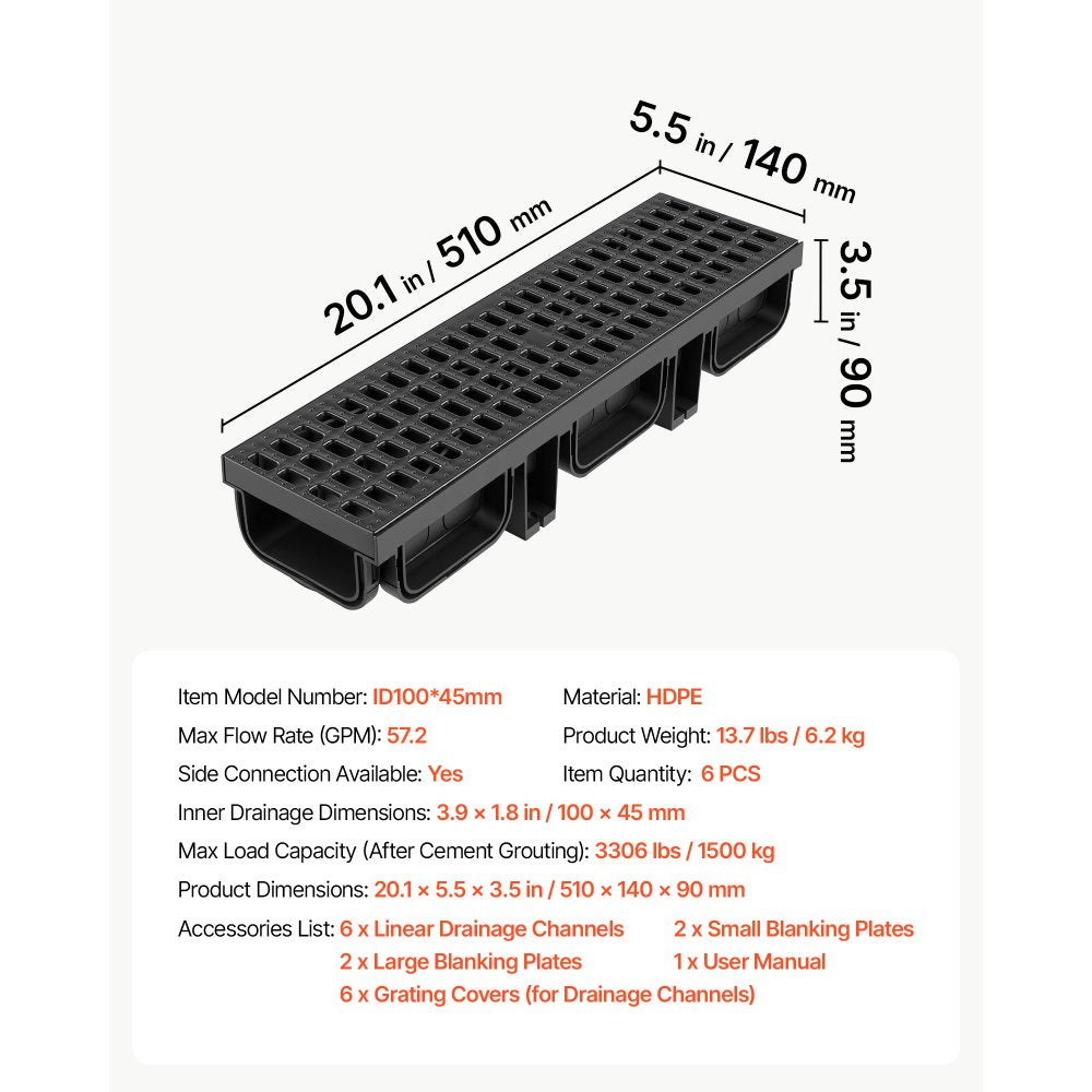 VEVOR Trench Drain, 20.1 x 5.5 x 3.5 in, 6 Pack Linear Drainage Channel, HDPE Channel Drain with Grates & End Caps, Premium Outdoor Drainage System for Driveway, Patio, Pool, Garden, Yard, Black