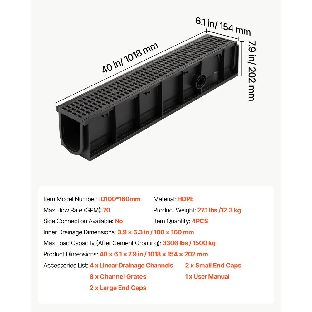 VEVOR Trench Drain, 40.1 x 6.1 x 8.0 in, 4 Pack Linear Drainage Channel, HDPE Channel Drain with Grates & End Caps, Premium Outdoor Drainage System for Driveway, Patio, Pool, Garden, Yard, Black
